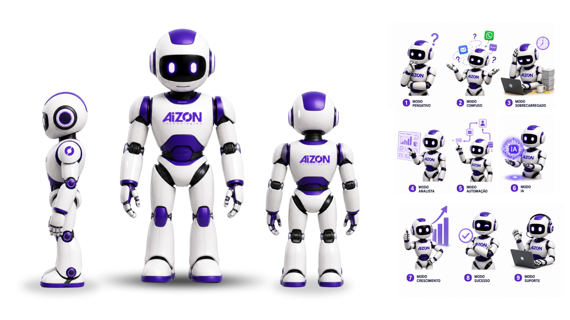 Zion, agente de inteligência artificial da AIZON para pré-vendas, em suas variações de pose e modos de atuação